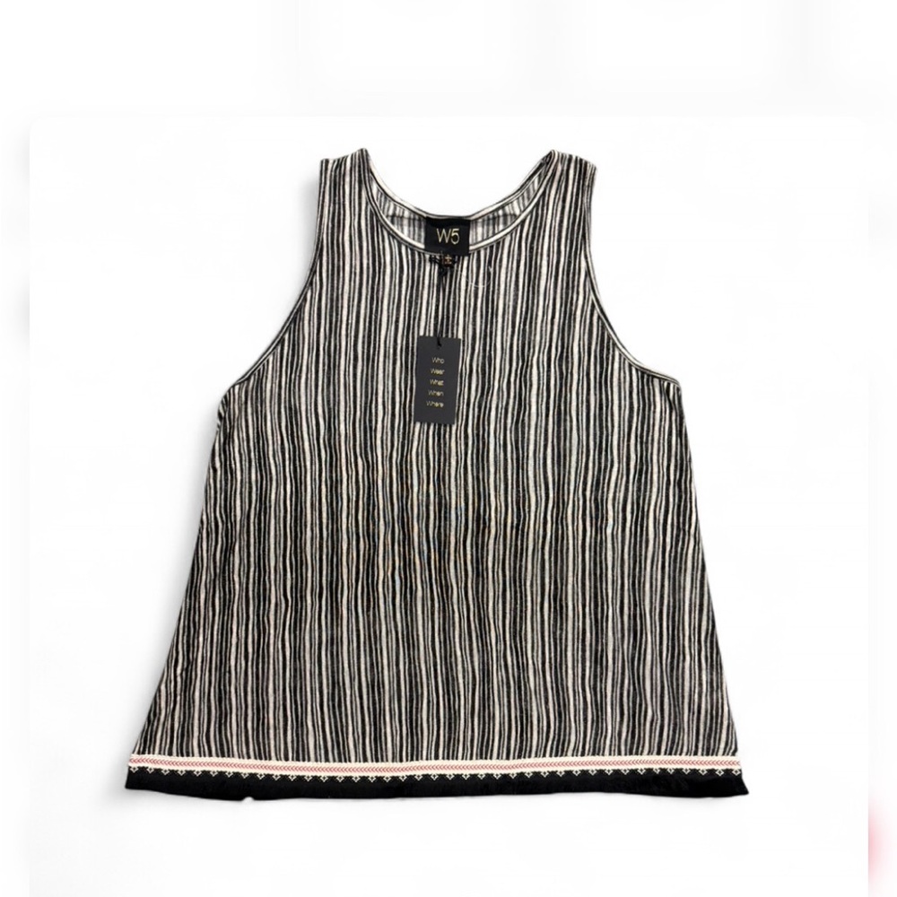 W5 Black and White Vertical Stripe Tank with Hem Trim